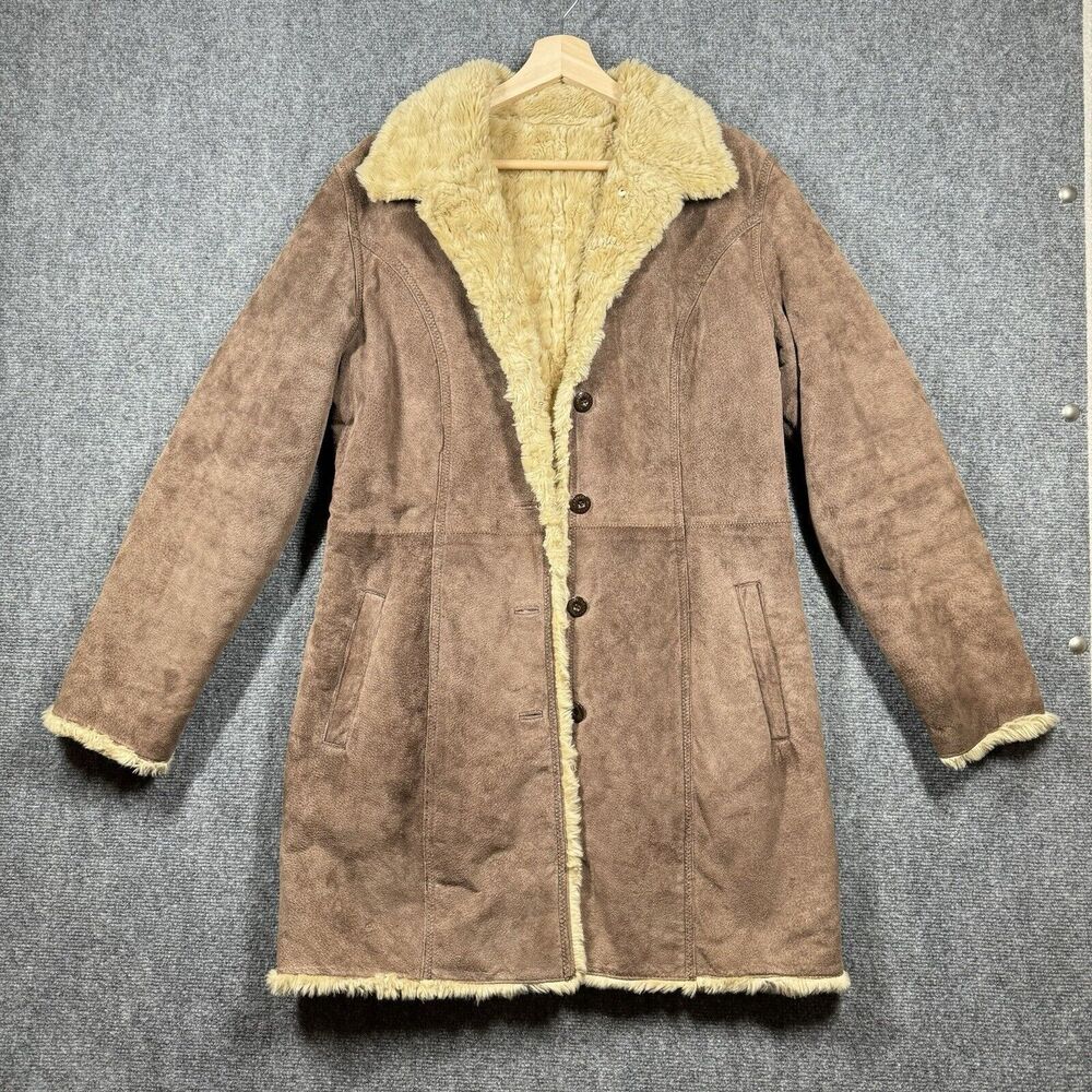 VTG Wilson's Leather Brown Suede Coat M Sherpa Lined Stadium Length Button Up